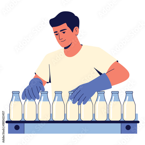 Worker places milk bottles onto industrial production conveyor.