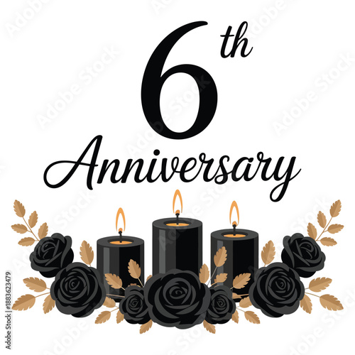 Sixth anniversary design features black candles and gold roses.