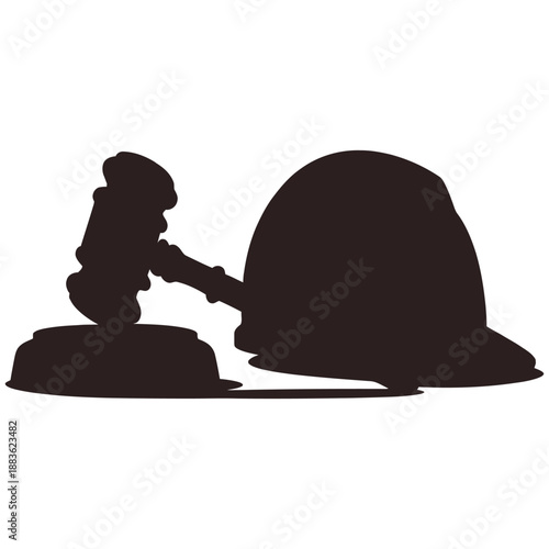 Gavel strikes hard hat silhouette representing labor law justice.