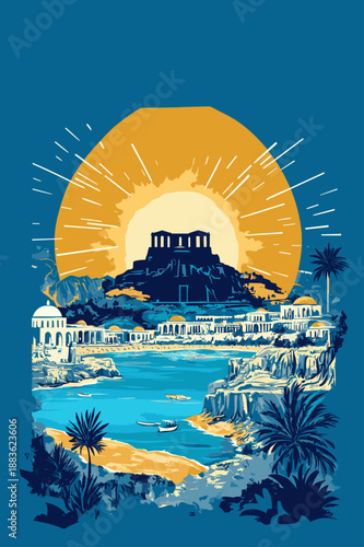 Vibrant Sunrise Over Ancient Ruins by the Sea