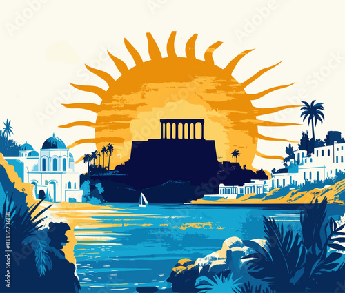 Vibrant Sunrise Over Ancient Ruins by the Sea