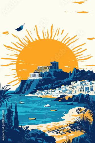 Vibrant Sunrise Over Ancient Ruins by the Sea