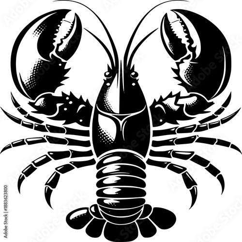 Lobster Graphic: A detailed monochrome illustration of a lobster, showcasing its prominent claws, segmented body, and intricate texture.