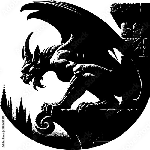 Gargoyle in Silhouette: A stone gargoyle, perched atop a building, stands as a formidable silhouette against the backdrop. capturing the mystery and historical of art