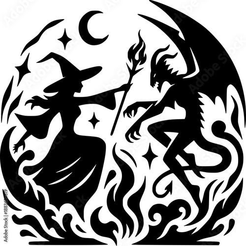 Witch and Demon Silhouette: A captivating silhouette portrays a dramatic confrontation between a witch and a demon, their forms intricately set against a celestial backdrop.