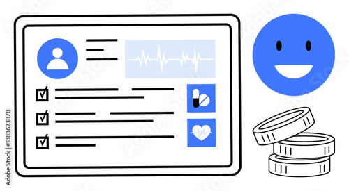 Healthcare, telemedicine, patient management, digital health, medical costs, technology adoption. A health record display with user details, pulse chart and medical icons. Healthcare