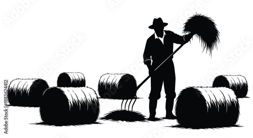 a black and white illustration of a farmer standing amongst hay bales with a pitchfork