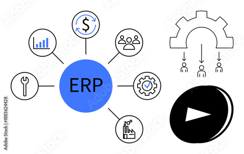 Business management, process optimization, workflow integration, enterprise planning, resource allocation, automation. ERP system diagram with connected icons tasks. Business management and process