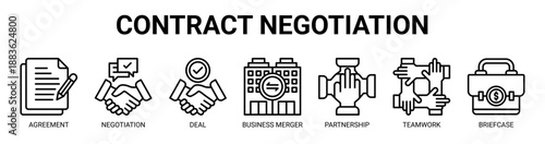 Contract Negotiation web banner icon vector illustration concept with icon of Agreement, Negotiation, Deal, Business merger, Partnership, Teamwork, Briefcase.