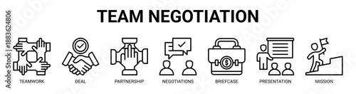 Team Negotiation web banner icon vector illustration concept with icon of Teamwork, Deal, Partnership, Negotiations, Briefcase, Presentation, Mission.