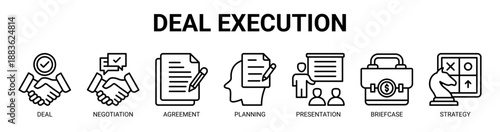 Deal Execution web banner icon vector illustration concept with icon of Deal, Negotiation, Agreement, Planning, Presentation, Briefcase, Strategy.