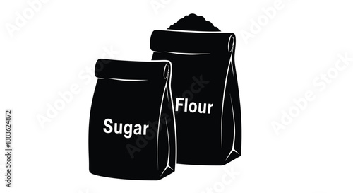 two black bags labeled flour and sugar simple graphic illustration on white background