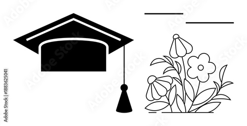 Education, graduation, growth, achievement, knowledge, celebration. Graduation cap alongside blossoming flowers in black-and-white style. Education and graduation concept