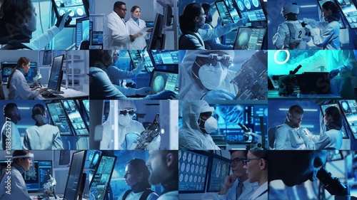 Technology, space exploration and medical concept. Scientists, astronauts, lab equipment and microscopes in biomedical innovations and clinical studies. Ideal for educational content.