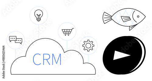 Business tools, data management, online marketing, cloud solutions, customer engagement, digital services. CRM cloud with icons for shopping, gear and communication. Business tools and data
