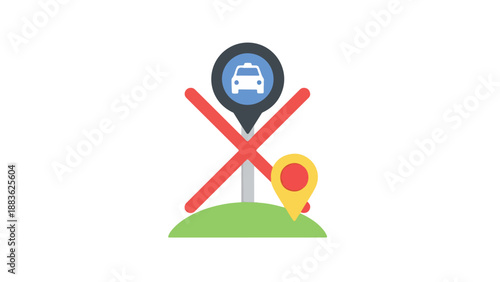 Graphic illustration of a road sign with a car marker and a crossed out location pin on a green hill against a white background.