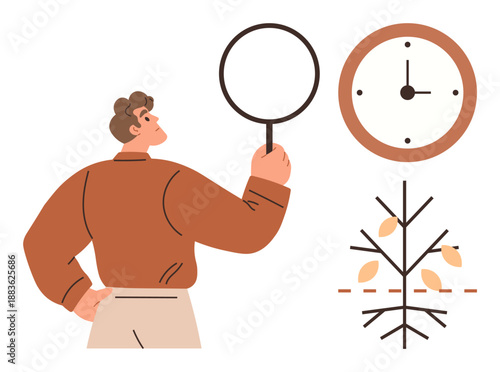 Research, time management, analytics, sustainability, growth, environmental focus. A man inspects with a magnifying glass near a clock and bare tree with leaves falling. Research and time management