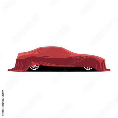 A sleek car covered with a red cloth on a white background