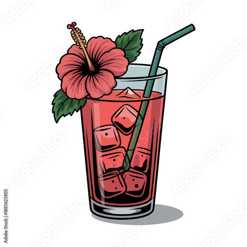A colorful pink cocktail with a green straw and a pink hibiscus flower garnish in a clear glass.