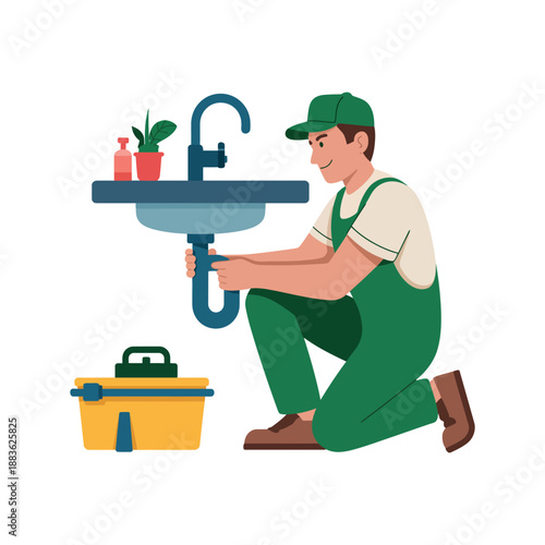 A cartoon plumber in green overalls fixing a sink with a yellow toolbox nearby