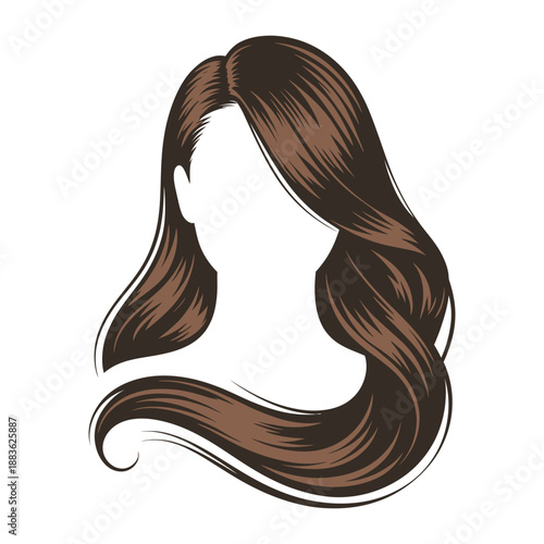A beautiful woman with long, flowing brown hair and a blank face on a white background.