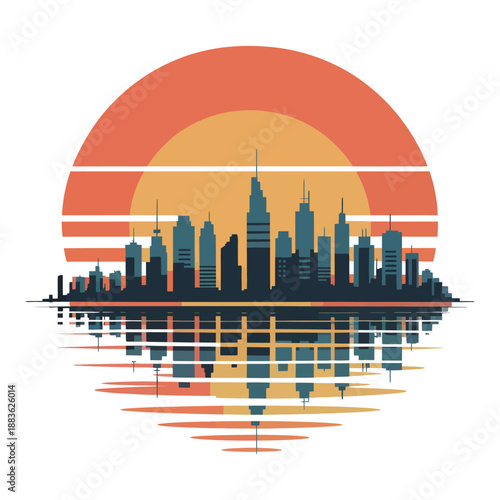 A vibrant city skyline at sunset with a colorful reflection in the water