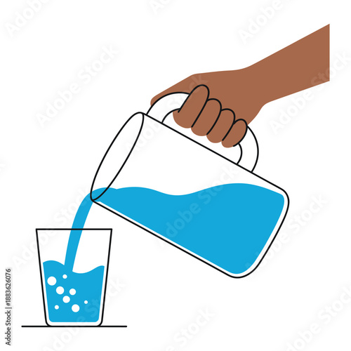 A hand pouring fresh blue water from a pitcher into a glass