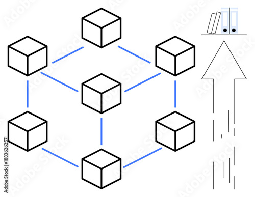 Blockchain, decentralization, growth, data storage, technology, digital progress. Diagram interconnected cubes linked by lines with an upward arrow and documents. Blockchain and decentralization