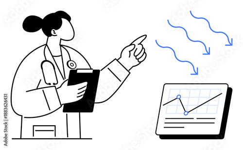 Doctor with clipboard gestures toward graph with arrows representing trends. Ideal for health management, data analysis, research, statistics, medical progress, decision making, simple flat metaphor