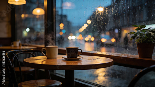 Steaming Coffee Mugs Inside Cafe on Rainy Evening with Bokeh