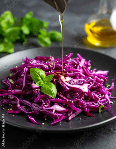 Salade de chou rouge avec herbes aromatiques et un filet d'huile d'olive. Generated Image. 