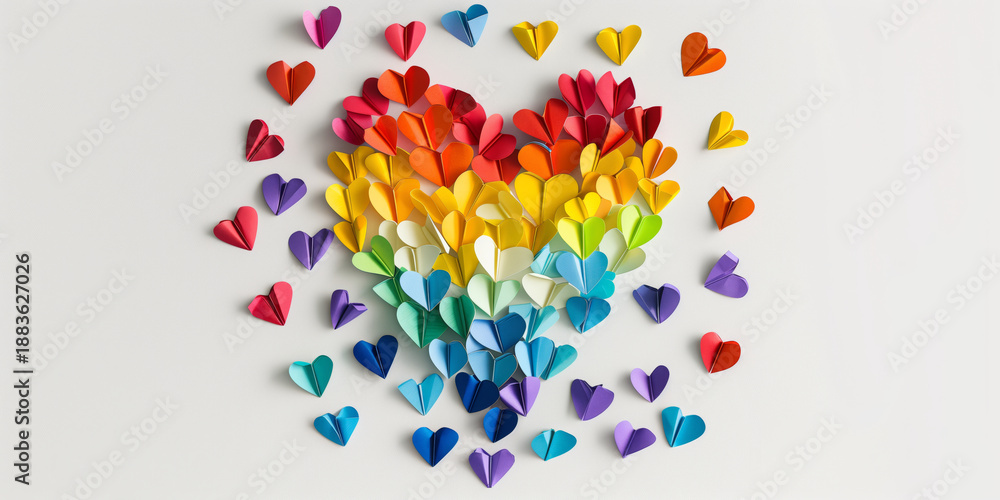 Obraz premium Colorful heart-shaped paper origami arranged in the shape of a large heart, forming a rainbow gradient on white background, symbolizing love, diversity, unity, and LGBTQ pride