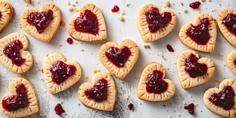 Top view of heart shaped cookies filled with red berry jam and dusted with powdered sugar on white textured background. Sweet treat for Valentine's Day or romantic occasion