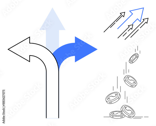 Business strategy, decision-making, financial opportunities, market growth, investment options, economic trends. Arrows pointing in different directions, coins falling. Business strategy