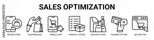 Sales Optimization web banner icon vector illustration concept with icon of online store, shopping bag, mobile cart, product listing, checkout page, payment option, buy button.