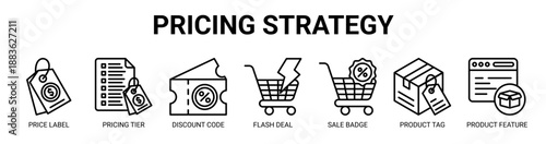 Pricing Strategy web banner icon vector illustration concept with icon of price label, pricing tier, discount code, flash deal, sale badge, product tag, product feature.