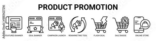 Product Promotion web banner icon vector illustration concept with icon of featured banner, deal banner, campaign launch, remarketing tool, flash deal, sale badge, online store.