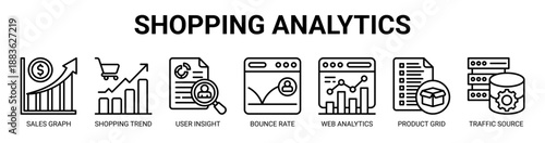 Shopping Analytics web banner icon vector illustration concept with icon of sales graph, shopping trend, user insight, bounce rate, web analytics, product grid, traffic source.
