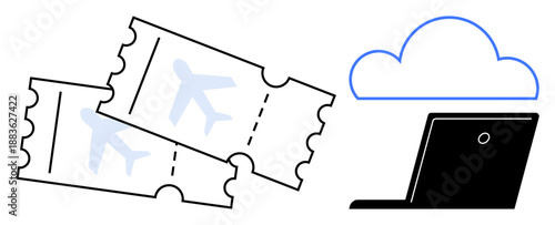 Travel booking, cloud storage, ticketing systems, online reservations, digital solutions, global connectivity. Airplane tickets, laptop and cloud icon. Travel booking and cloud storage