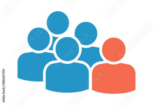 A group of people are represented by blue and orange icons, with one person in orange standing out from the others.