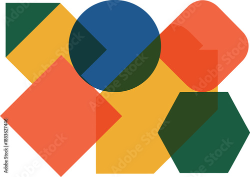 Overlapping geometric shapes create a vibrant and abstract composition with a modern feel.