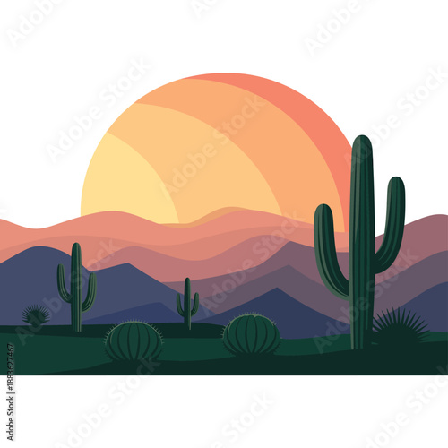 A stylized illustration of a desert landscape at sunset with cacti and mountains.