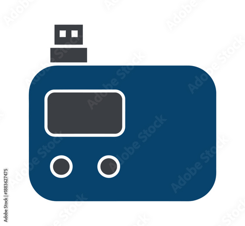 A blue USB flash drive with a small screen and two buttons is depicted.