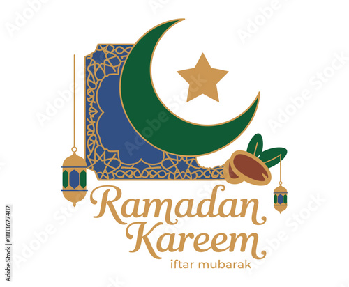 Ramadan Kareem Iftar Mubarak with crescent moon, star, dates, and lanterns