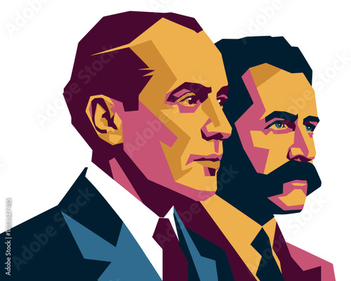 Two men in suits stand side by side in a graphic illustration style.