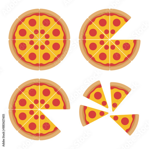 A whole pizza and several slices are depicted in this illustration, showcasing a classic food item.