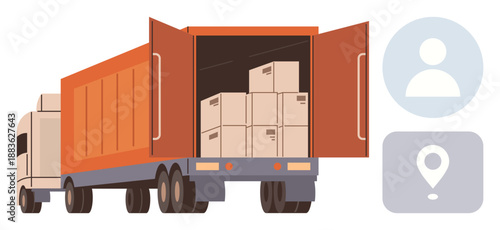 Logistics, transportation, delivery services, shipment tracking, freight management, supply chain. A parked truck with boxes inside, alongside location and user icons. Logistics and delivery services