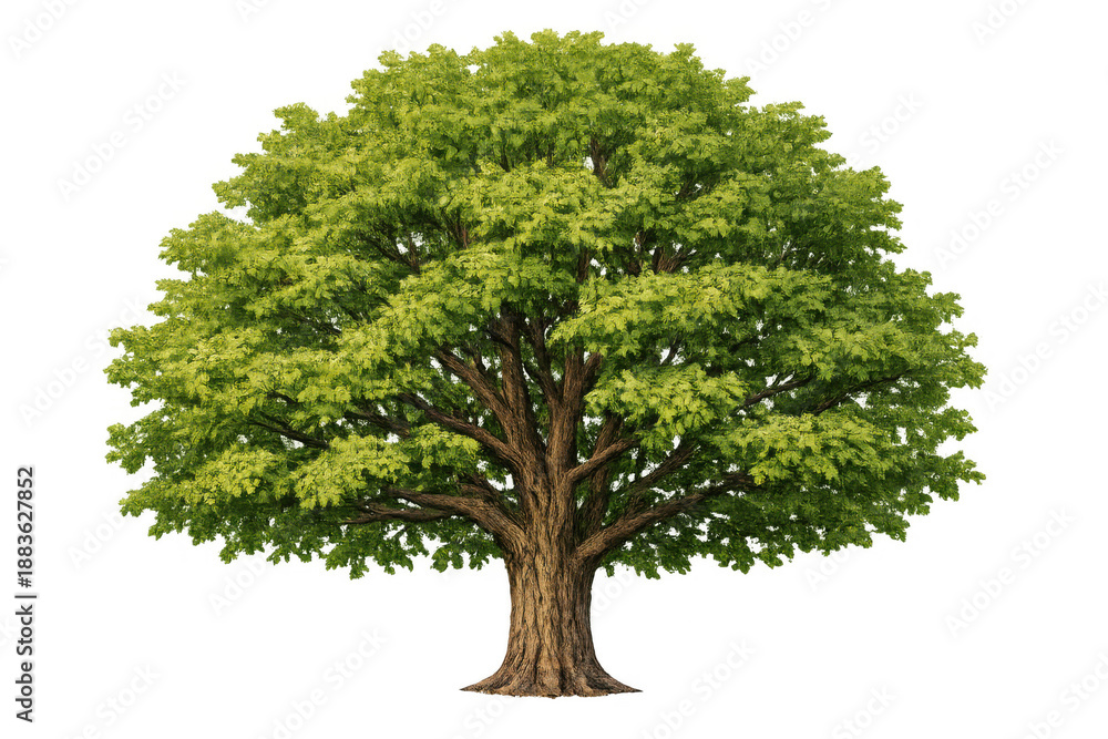 Fototapeta premium Large green leaf tree with thick trunk and lush foliage against transparent background, symbolizing nature and growth
