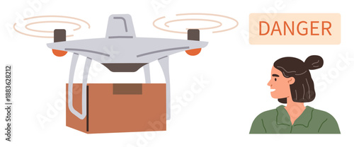 Delivery, safety, technology, threat detection, logistics, awareness. A quadcopter delivering a package near a woman and a Danger sign. Delivery safety and threat detection concepts