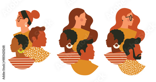 Silhouette profile group of men and women of diverse culture. Diversity equality inclusion. DEIB. Multicultural. Crowd of people